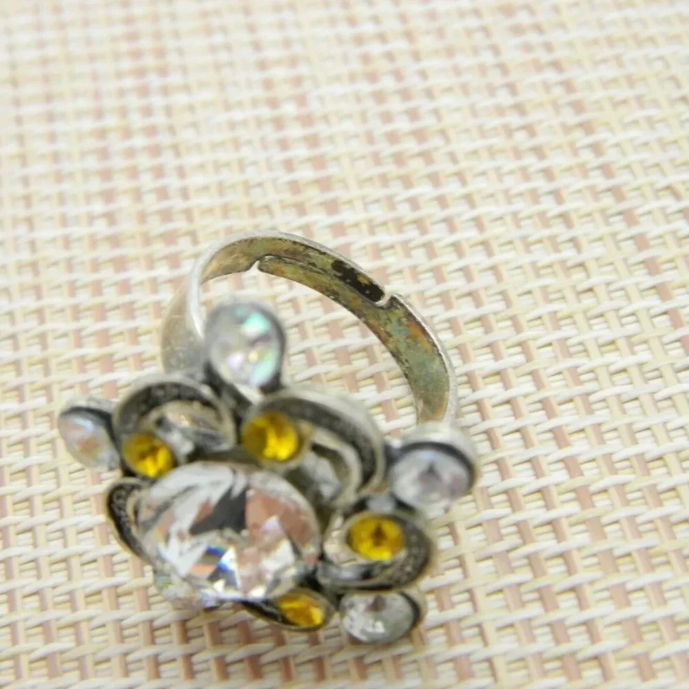Topaz Clear Rhinestone Silver Tone Flower Cocktail
